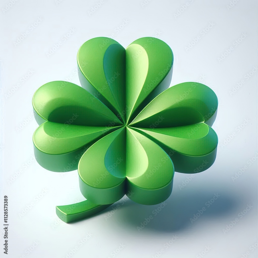 A 3D rendered image of a stylized green shamrock, detailed with grooved leaves, standing on a light gray background. It symbolizes St. Patrick Day and Irish culture. A 3D rendered image of a stylized green shamrock, detailed with grooved leaves, standing on a light gray background. It symbolizes St. Patrick Day and Irish culture.