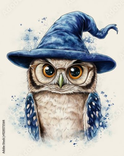 Wise owl wearing a purple wizard hat photo