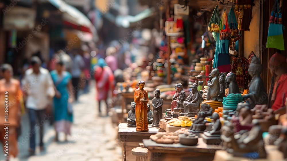A busy market scene with artisans selling hand-carved stone figurines on wooden stalls.