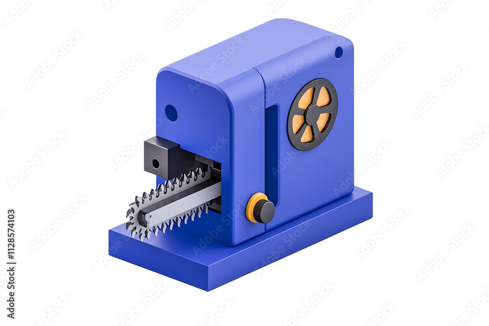 A compact, blue cutting machine featuring a serrated blade for efficient slicing and precise cutting tasks. A compact, blue cutting machine featuring a serrated blade for efficient slicing and precise cutting tasks.