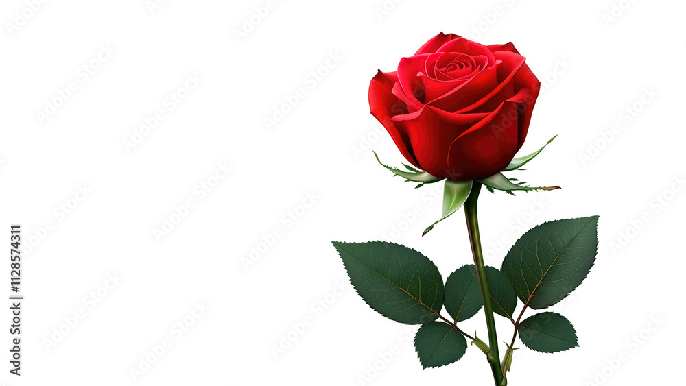 Red rose flower with clipping path, side view. Beautiful single red rose blossom on stem with isolated petals on white background. Natural object for Valentine's Day, mother's day, anniversary design Red rose flower with clipping path, side view. Beautiful single red rose blossom on stem with isolated petals on white background. Natural object for Valentine's Day, mother's day, anniversary design