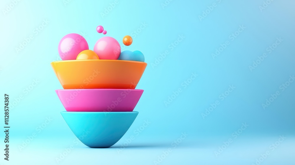 Fototapeta premium Colorful bowls stacked with vibrant spheres on a bright blue background.