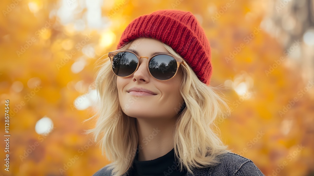 A blonde woman wearing sunglasses and red beanie smiling in autumn, with fall foliage background A blonde woman wearing sunglasses and red beanie smiling in autumn, with fall foliage background