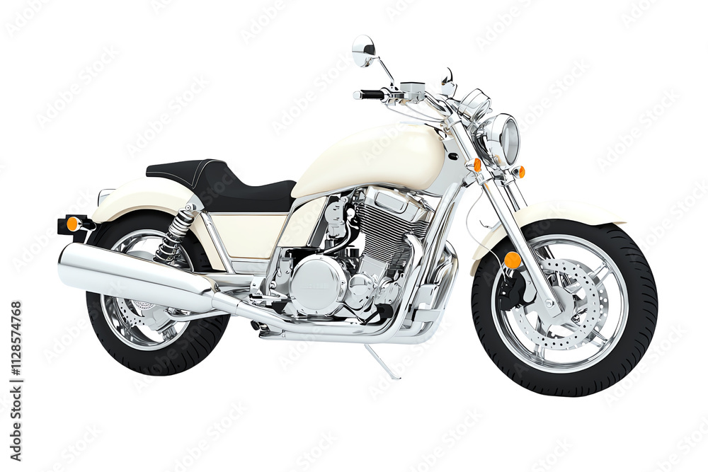 Obraz premium A sleek, cream-colored motorcycle featuring chrome accents and a modern design, emphasizing style and performance.