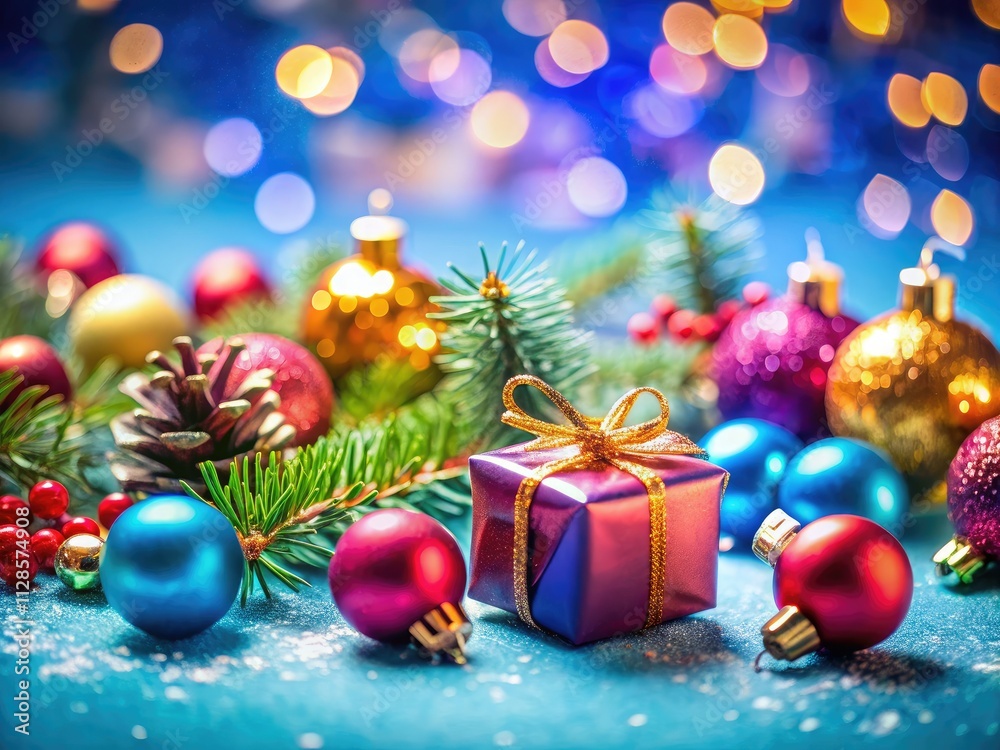 Enchanting miniature Christmas ornaments and gifts, a festive tilt-shift scene, bathed in dreamy blue. Enchanting miniature Christmas ornaments and gifts, a festive tilt-shift scene, bathed in dreamy blue.