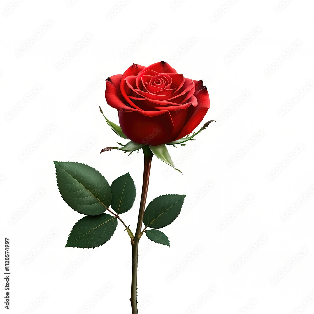 Red rose flower with clipping path, side view. Beautiful single red rose blossom on stem with isolated petals on white background. Natural object for Valentine's Day, mother's day, anniversary design Red rose flower with clipping path, side view. Beautiful single red rose blossom on stem with isolated petals on white background. Natural object for Valentine's Day, mother's day, anniversary design