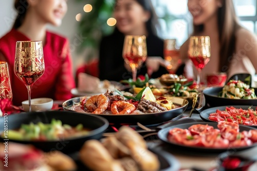 Close-up Chinese New Year dinner, modern table setting, traditional tasty dishes, family and friends celebrating, red and gold decorations, natural lighting, vibrant festive atmosphere, modern style.