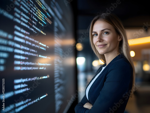 Confident female programmer standing next to a screen with code. photo