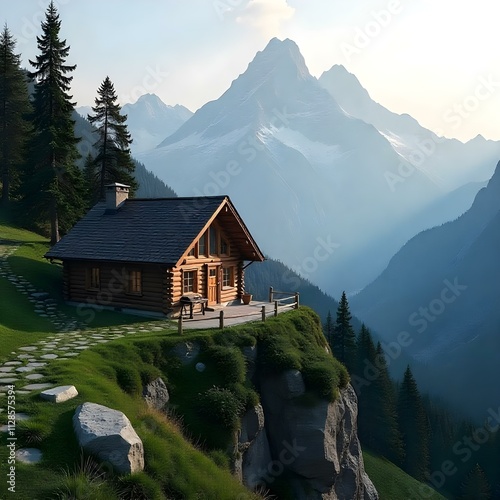 camp in mountains high beautiful scene house on mountains with woods stones