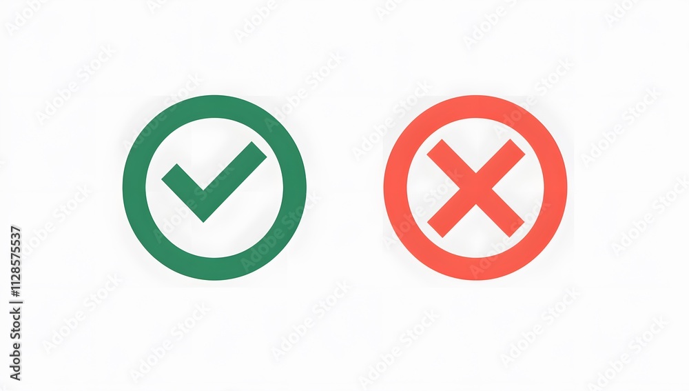 Green Check Mark and Red Cross Symbol Icons, Approval and Rejection Signs on White Background Green Check Mark and Red Cross Symbol Icons, Approval and Rejection Signs on White Background