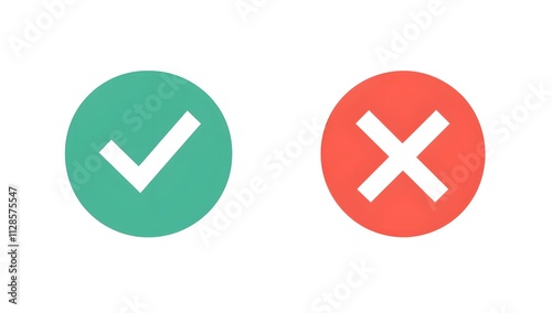 Green Check Mark and Red Cross Symbol Icons, Approval and Rejection Signs on White Background