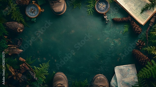 A deep forest green background bordered with hiking gear like compasses maps and boots framing the empty middle.