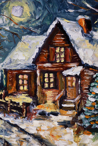 Oil painting. Winter snowy evening in the forest near the house