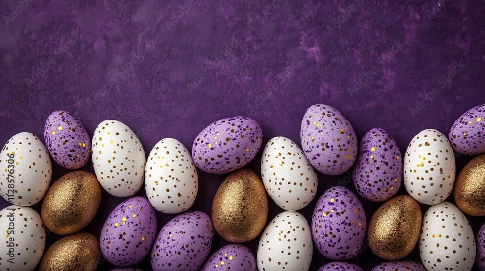 Lavender and Gold Polka Dot Easter Eggs on a Pastel Purple Background with Copy Space Lavender and Gold Polka Dot Easter Eggs on a Pastel Purple Background with Copy Space