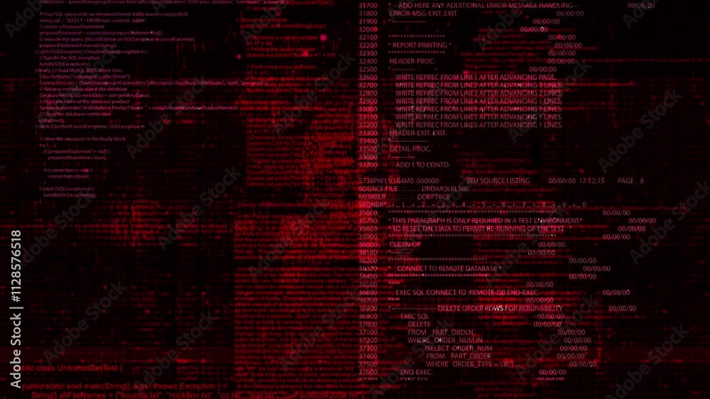 Distorted glitched scrolling programming security hacking code data flow stream Coding, Hacking, Encryption. Error 404 Warning message. computer hacking error message. programming or hacking matrix 3D
