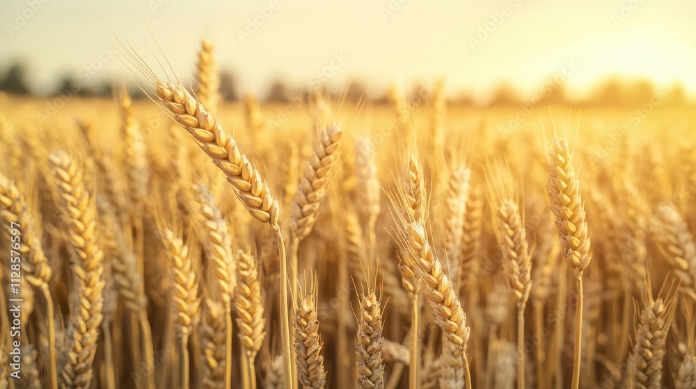 Fototapeta premium Golden Wheat Field Under Warm Sunset Light with Soft Focus on Golden Grains and Greenish Background of Nature in Beautiful Agricultural Landscape