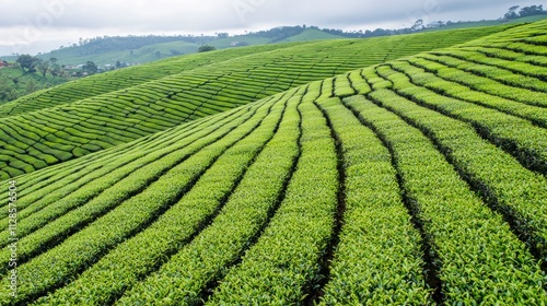 Lush Green Tea Plantations Rolling Across Hills with Perfectly Aligned Rows Under a Cloudy Sky in a Serene Landscape of Nature's Beauty