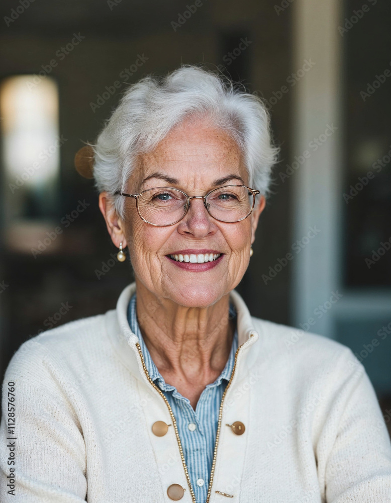 Photo of charming good mood elderly lady wear white cardigan spectacles smiling indoors apartment room Photo of charming good mood elderly lady wear white cardigan spectacles smiling indoors apartment room