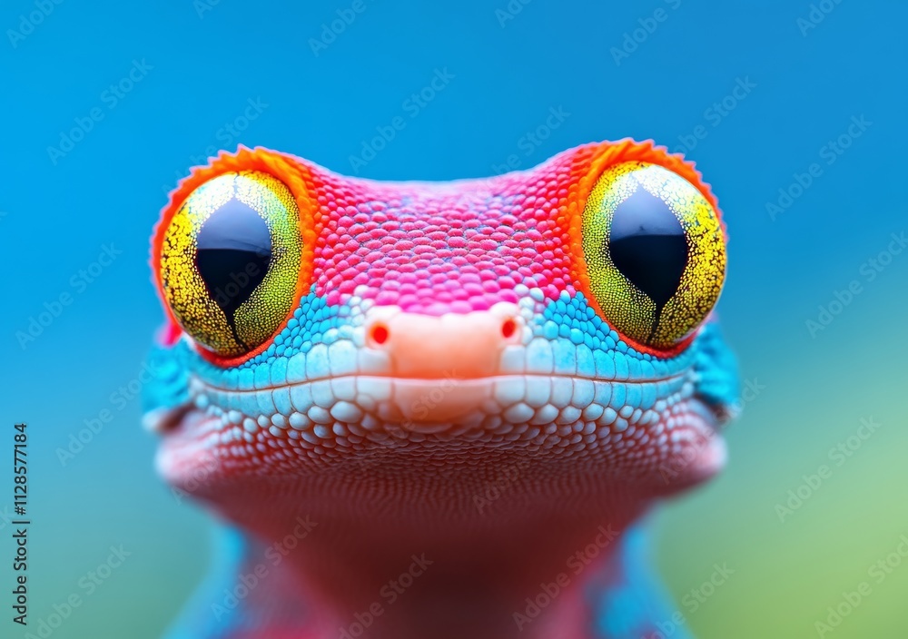 Colorful lizard with a bright yellow eye stares at the camera. The lizard's face is adorned with a pink nose and blue and red markings. Concept of curiosity and wonder Colorful lizard with a bright yellow eye stares at the camera. The lizard's face is adorned with a pink nose and blue and red markings. Concept of curiosity and wonder
