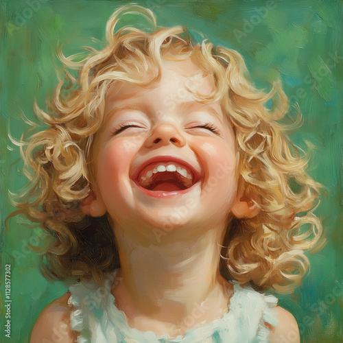 watercolor portrait of a laughing curly blonde child on a green background