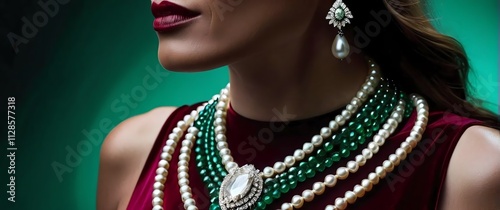 Detailed shot of a multi layered necklace combining strands of pearls diamonds and emerald beads each stone glowing as they cascade over a rich burgundy velvet background. 