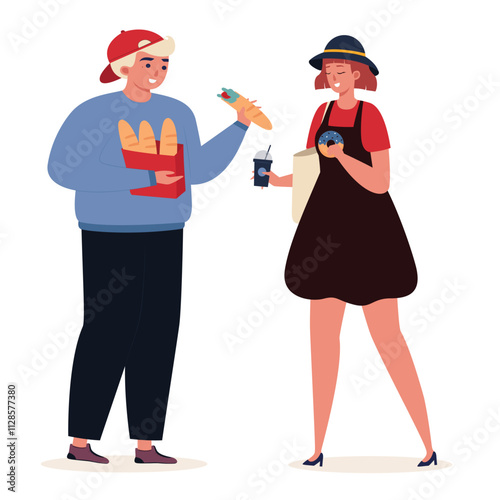 Illustration the activity of women and men chatting while standing carrying food and drinks