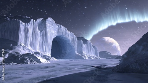 A frozen planet with ice caves glowing from within and a pale blue aurora spanning the night sky.