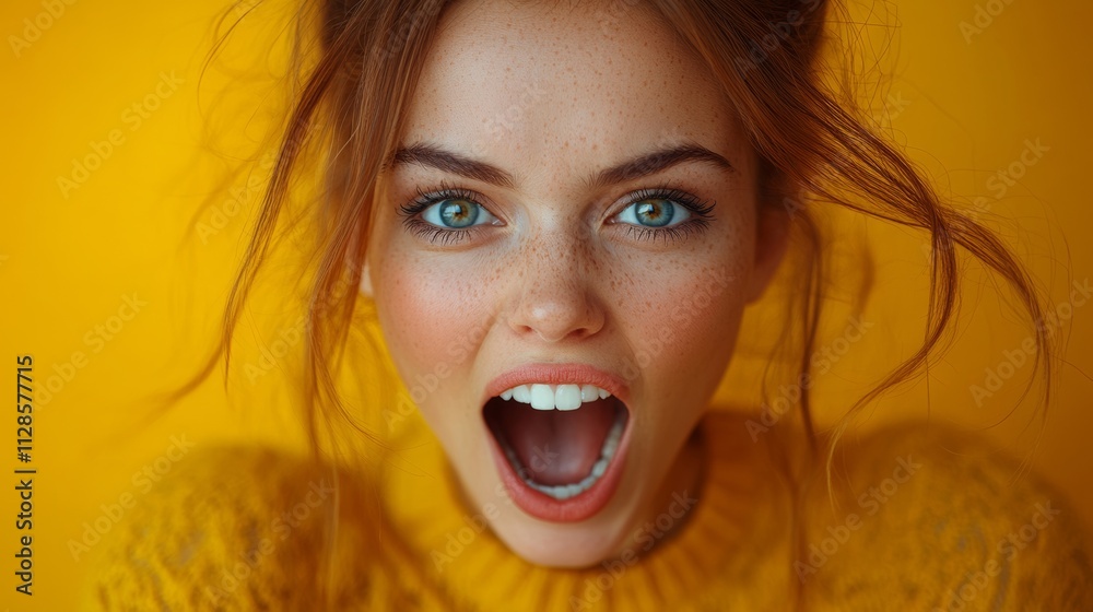 Woman with green eyes and red hair is smiling and has her mouth open. She is wearing a yellow sweater and has a green shirt on underneath Woman with green eyes and red hair is smiling and has her mouth open. She is wearing a yellow sweater and has a green shirt on underneath