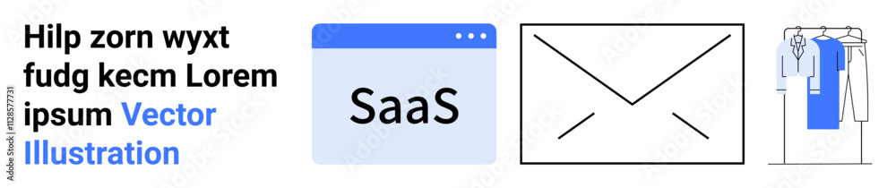 SaaS application window, envelope icon, and clothing rack on display. Text placeholders. Ideal for tech concepts, business communication, e-commerce, fashion industry, web design software SaaS application window, envelope icon, and clothing rack on display. Text placeholders. Ideal for tech concepts, business communication, e-commerce, fashion industry, web design software