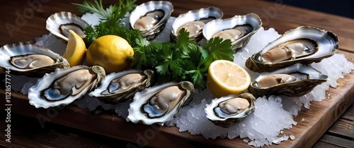 Elegant seafood arrangement with oysters lemons and garnishes of parsley meticulously spaced on a saltcovered wooden board reflecting fresh ocean vibes photo