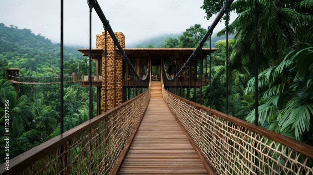 Obraz premium Serene Suspension Bridge Leading to a Treehouse Nestled in Lush Tropical Rainforest with Vibrant Greenery and Misty Mountains in the Background