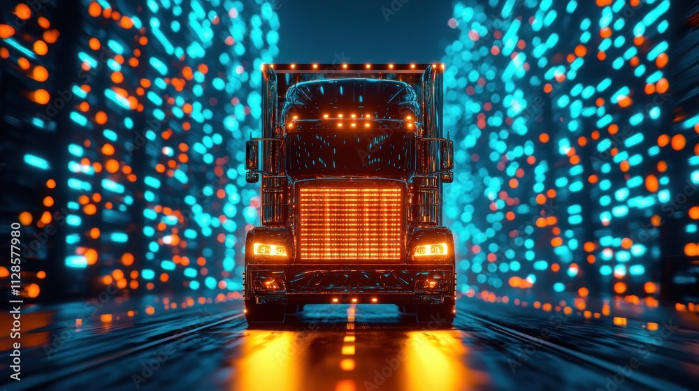A futuristic truck illuminated with vibrant lights, set against a backdrop of colorful cityscapes, creating a striking visual of transportation.