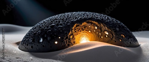 Exquisite macro capture of a tektite with its unique glossy black surface pitted with small craters lying on a contrasting bed of white sand under soft light photo