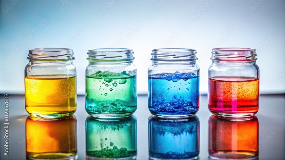 Vibrant tilt-shift photography showcases miniature glass jars filled with colorful water against a pristine white backdrop. Vibrant tilt-shift photography showcases miniature glass jars filled with colorful water against a pristine white backdrop.