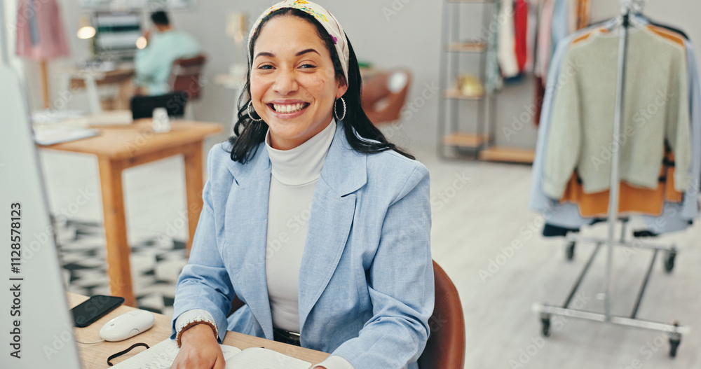© peopleimages.com - Computer, creative and portrait of fashion designer woman in textile workshop for production. Clothes, research and typing with happy style director at desk in office for manufacturing process