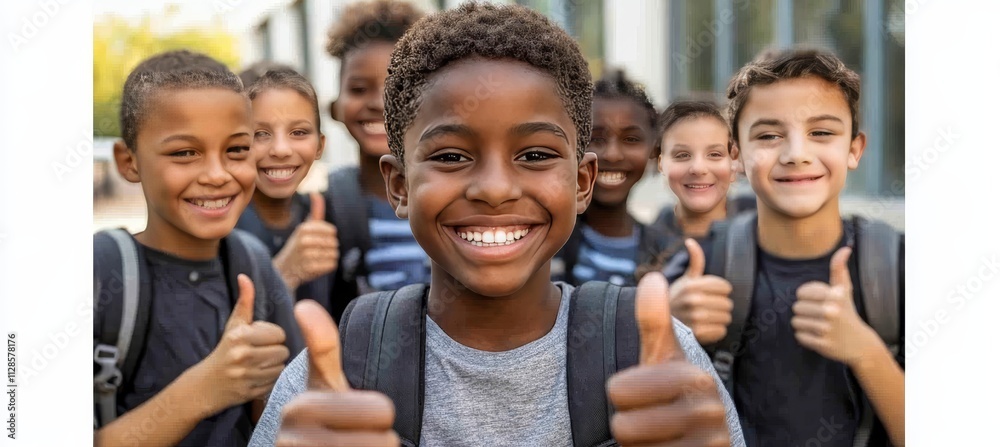 Obraz premium Thumbs up for school Cheerful and diverse group of elementary students posing with backpacks.