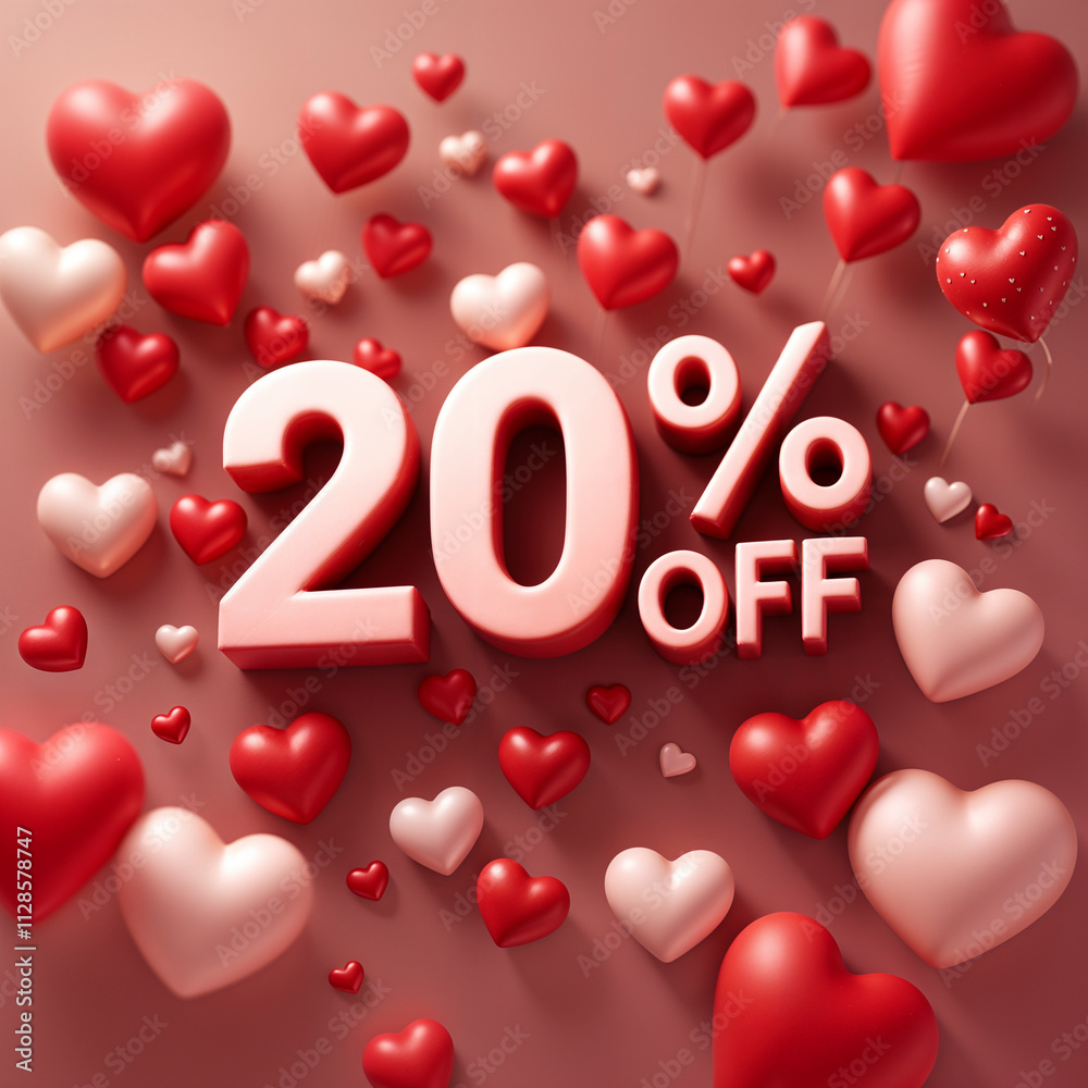 20 Percent Off romantic Valentine's Day Banner. 20% off. Valentine's Day discount, sale