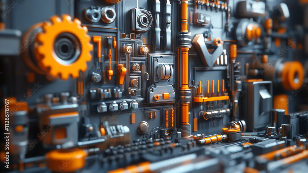 Modern industrial design highlights intricate machinery in vibrant orange and gray colors Modern industrial design highlights intricate machinery in vibrant orange and gray colors