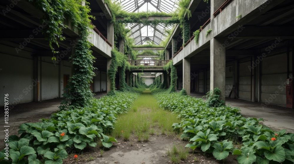 Fototapeta premium Nature Reclaiming Industry: An Abandoned Warehouse Overgrown with Vines