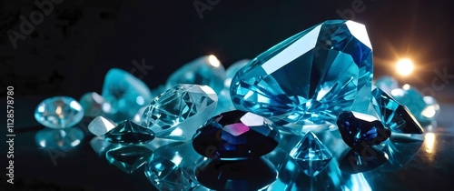 Macro image of a loose array of faceted gemstones scattered on a mirrored surface each stone from aquamarine to spinel glowing vividly under bright cool lighting