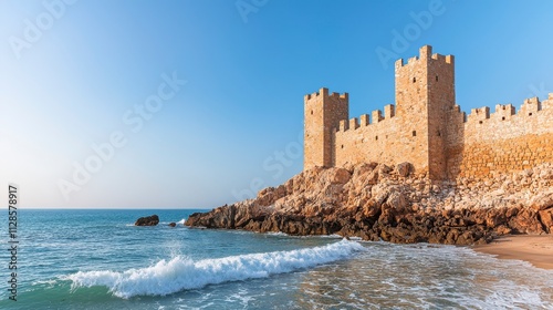 Stunning Coastal Fortress with Ancient Walls Overlooking Calm Waves and Rocky Shoreline Under Clear Blue Sky at Sunset in a Scenic Landscape