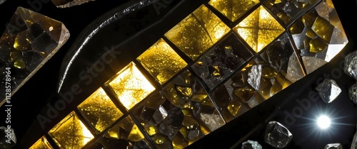 Macro perspective of a polished slice of pallasite meteorite showcasing a mosaic of translucent olivine crystals embedded in a metallic matrix glowing warmly when backlit.  photo