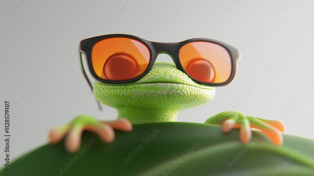 Obraz premium Green lizard wearing sunglasses and standing on a leaf. The sunglasses are orange and black. The lizard is smiling and looking at the camera