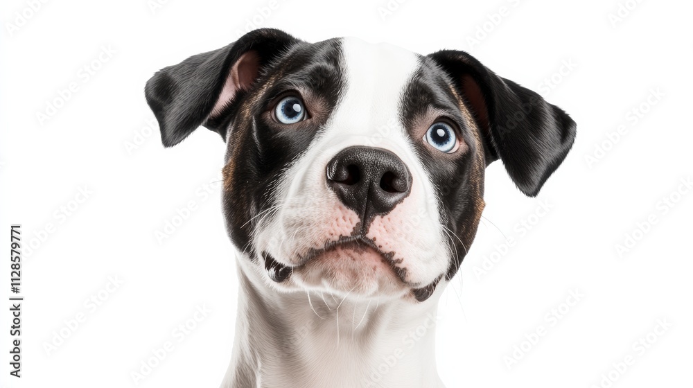 Black and white dog with blue eyes is staring at the camera Black and white dog with blue eyes is staring at the camera