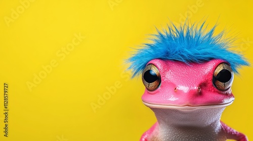 Frog with blue hair and a pink face is staring at the camera. The frog is sitting on a yellow background photo