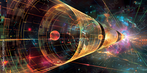 A swirling vortex of cosmic energy and light draws a planet towards a glowing singularity, representing the immense power of a black hole.