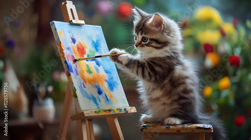 A kitten perched on a tiny easel holding a paintbrush with its paw painting a colorful canvas. photo