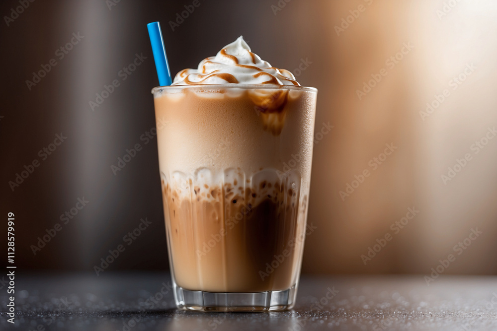 Iced milk coffee with a gradient from white to light brown, served in a dewy glass, soft blur background, refreshing appeal Iced milk coffee with a gradient from white to light brown, served in a dewy glass, soft blur background, refreshing appeal