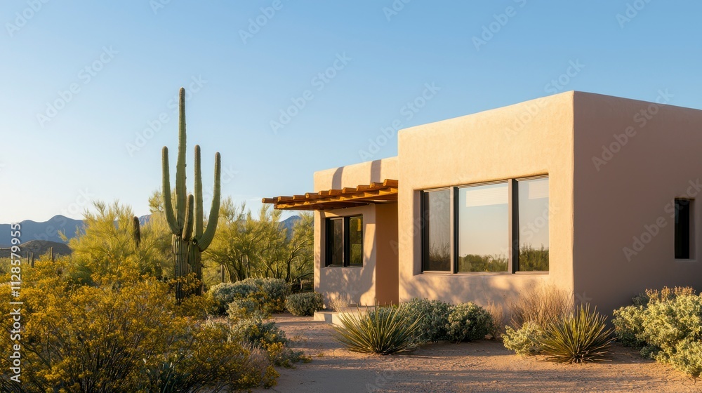 Tranquil Desert Home Surrounded by Native Flora and Cacti with Mountain Background Under Clear Blue Sky in Late Afternoon Sunlight Tranquil Desert Home Surrounded by Native Flora and Cacti with Mountain Background Under Clear Blue Sky in Late Afternoon Sunlight