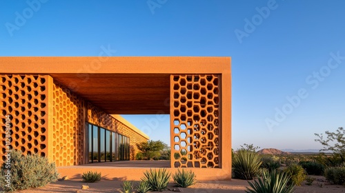 Contemporary architectural design featuring textured walls and large windows set against a clear blue sky in a desert landscape with native plants